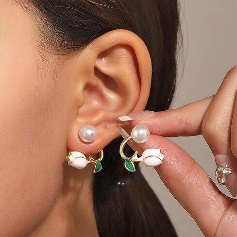 XYAYIOU Pink Pearl Flower Front and Back Earrings Cute Oil Retro Tulip Pearl Bling Stud Earrings for Woman Girls in Saudi Arabia