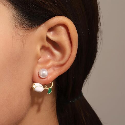 XYAYIOU Pink Pearl Flower Front and Back Earrings Cute Oil Retro Tulip Pearl Bling Stud Earrings for Woman Girls in Saudi Arabia