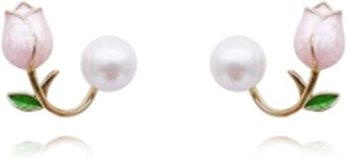 XYAYIOU Pink Pearl Flower Front and Back Earrings Cute Oil Retro Tulip Pearl Bling Stud Earrings for Woman Girls in Saudi Arabia