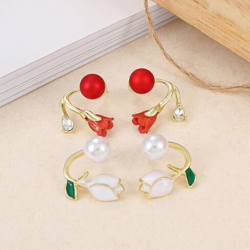 XYAYIOU Pink Pearl Flower Front and Back Earrings Cute Oil Retro Tulip Pearl Bling Stud Earrings for Woman Girls in Saudi Arabia
