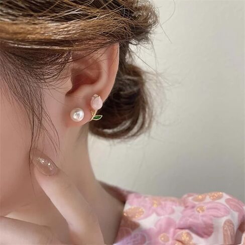 XYAYIOU Pink Pearl Flower Front and Back Earrings Cute Oil Retro Tulip Pearl Bling Stud Earrings for Woman Girls in Saudi Arabia