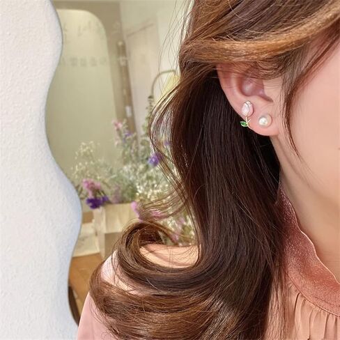 XYAYIOU Pink Pearl Flower Front and Back Earrings Cute Oil Retro Tulip Pearl Bling Stud Earrings for Woman Girls in Saudi Arabia