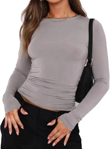 VELISDE Women Slim Fit Crop Tops Crewneck Skinny Shirt Long Sleeve Y2K Sexy Casual Basic Solid Color Going Out Tight Tee in Saudi Arabia