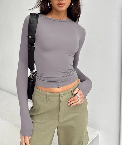 VELISDE Women Slim Fit Crop Tops Crewneck Skinny Shirt Long Sleeve Y2K Sexy Casual Basic Solid Color Going Out Tight Tee in Saudi Arabia