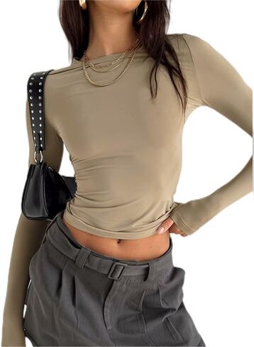 VELISDE Women Slim Fit Crop Tops Crewneck Skinny Shirt Long Sleeve Y2K Sexy Casual Basic Solid Color Going Out Tight Tee in Saudi Arabia