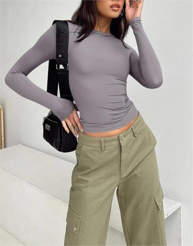 VELISDE Women Slim Fit Crop Tops Crewneck Skinny Shirt Long Sleeve Y2K Sexy Casual Basic Solid Color Going Out Tight Tee in Saudi Arabia