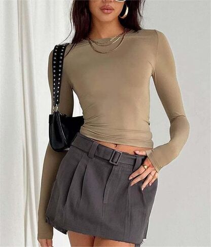 VELISDE Women Slim Fit Crop Tops Crewneck Skinny Shirt Long Sleeve Y2K Sexy Casual Basic Solid Color Going Out Tight Tee in Saudi Arabia