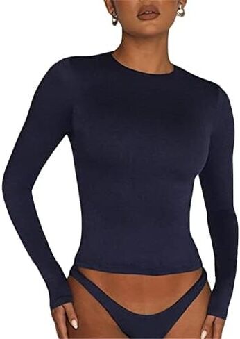 VELISDE Women Slim Fit Crop Tops Crewneck Skinny Shirt Long Sleeve Y2K Sexy Casual Basic Solid Color Going Out Tight Tee in Saudi Arabia