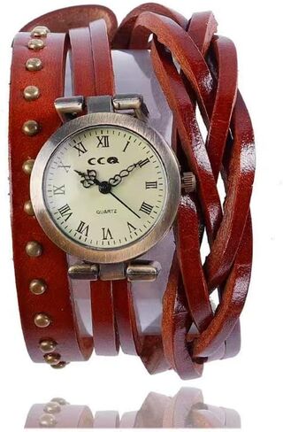 Genuine Leather Braided Strap Double Wrap Aound Watch for Women Vintage Bohemian Style Bronze Small 26mm Roman Number Dial Adjustable Wrap WatchBrown in Saudi Arabia