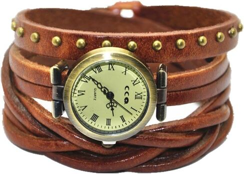 Genuine Leather Braided Strap Double Wrap Aound Watch for Women Vintage Bohemian Style Bronze Small 26mm Roman Number Dial Adjustable Wrap WatchBrown in Saudi Arabia