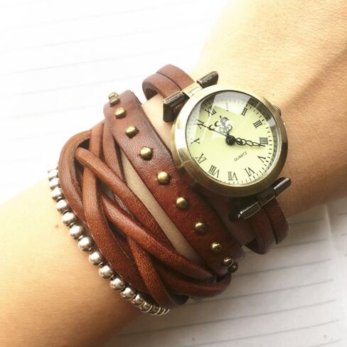 Genuine Leather Braided Strap Double Wrap Aound Watch for Women Vintage Bohemian Style Bronze Small 26mm Roman Number Dial Adjustable Wrap WatchBrown in Saudi Arabia