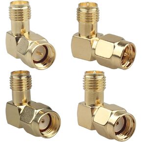 4 Type Set SMA Adapter Kits Male to Female Low Loss Gold-Plated 90 Degree Right Angle RF Coaxial Connector for 2G/3G/4G LTE Antenna Extension Cable Radio FPV Drone Backup Camera WiFi Router