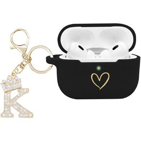 Compatible with AirPods Pro 2 Case Cover 2022, Soft Silicone Case with Gold Heart Pattern for AirPods Pro 2nd Generation Case with Rhinestone Studded Letter A-Z Keychain (A Black)