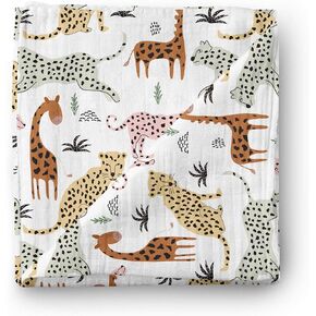 Aenne Baby Muslin Swaddle Blanket for Boys & Girls, Luxurious Soft, and Silky Stroller & Nursing Cover Quilt Wrap, Safari Animals Giraffe Cheetah Lion, Large 47"x 47", 1 Pack
