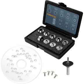 POWERTEC 72148 10pc Router Template Bushing Guides Set 5/16 to 1 Inch Fits Porter Cable Router Sub Bases & Dia 5-3/4" Trim Router Base Plate, Centering Pin and Cone, Perfect for Precision Woodworking
