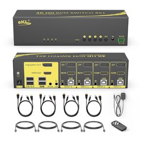 eKL Dual Monitor HDMI+DisplayPort KVM Switch 4 in 2 Out Extended Display 4K@60Hz 4:4:4 with Audio and USB 2.0 Hub Sharing PC Monitors One Set of Keyboard and Mouse Switcher