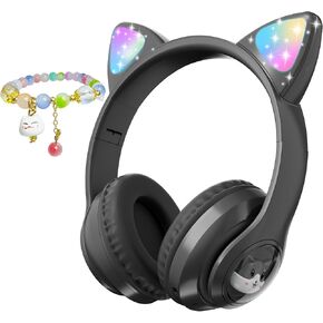 Wireless Kids Headphones with LED Light up Cat Ear, Color Changing Over Ear Bluetooth Headphones with MIC, Volume Control Foldable Bluetooth Cat Headset for Kids/Girls/School/Christmas (Black)