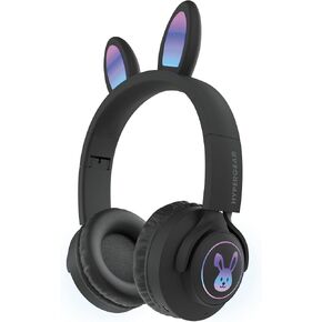 HyperGear Bunny Tracks Kids Bluetooth Wireless Headphones with LED Rabbit Ears - Lightweight, Foldable Over-Ear Headset with Mic, HD Stereo Sound, 10-Hour Playtime, Aux-Compatible, microSD/FM, Black