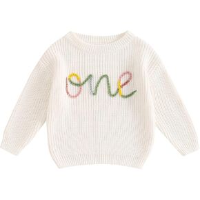 Infant Baby Girl Knit Sweater First Birthday Outfit Embroidery One Long Sleeve Pullover Tops My 1st Birthday Clothes