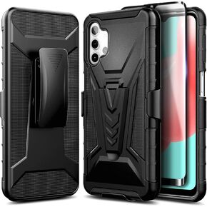 NZND Designed for Galaxy A32 5G Case, Samsung A32 5G Phone Case with Tempered Glass Screen Protector, Belt Clip Holster Built-in Kickstand, Heavy Duty Protective Shockproof Defender Case -Black