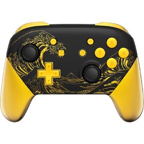 eXtremeRate Faceplate Backplate Handles for Nintendo Switch Pro Controller, The Great GOLDEN Wave Off Kanagawa - Black Replacement Hand Grip Housing Shell Buttons for Nintendo Switch Pro Controller