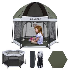 Pamo Babe Portable Playpen with Canopy and Mattress Outdoor and Indoor 54" Baby Playard for Babies and Toddlers Foldable Play Yard with Zipper Gate
