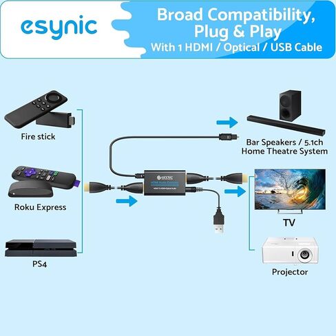 مستخرج الصوت HDMI المحمول من eSynic، مستخرج الصوت 4K، ABS HDMI، مستخرج الصوت البصري، التوصيل والتشغيل HDMI إلى المحول البصري يدعم 4K @ 30 هرتز/1080 بكسل لتجربة مشاهدة ممتازة in Kuwait