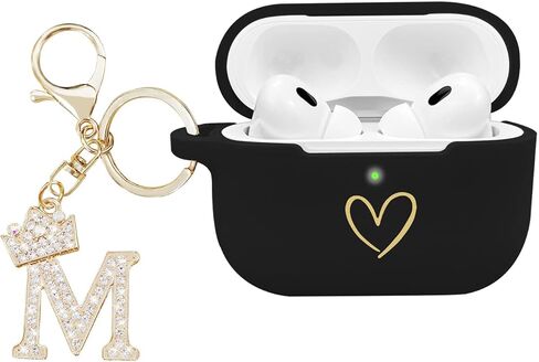Compatible with AirPods Pro 2 Case Cover 2022, Soft Silicone Case with Gold Heart Pattern for AirPods Pro 2nd Generation Case with Rhinestone Studded Letter A-Z Keychain (A Black) in Saudi Arabia