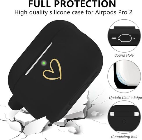 Compatible with AirPods Pro 2 Case Cover 2022, Soft Silicone Case with Gold Heart Pattern for AirPods Pro 2nd Generation Case with Rhinestone Studded Letter A-Z Keychain (A Black) in Saudi Arabia