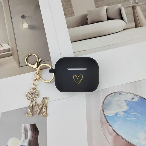 Compatible with AirPods Pro 2 Case Cover 2022, Soft Silicone Case with Gold Heart Pattern for AirPods Pro 2nd Generation Case with Rhinestone Studded Letter A-Z Keychain (A Black) in Saudi Arabia