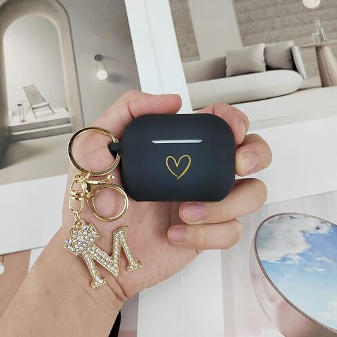 Compatible with AirPods Pro 2 Case Cover 2022, Soft Silicone Case with Gold Heart Pattern for AirPods Pro 2nd Generation Case with Rhinestone Studded Letter A-Z Keychain (A Black) in Saudi Arabia