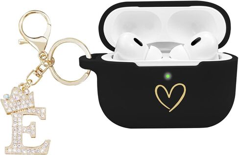 Compatible with AirPods Pro 2 Case Cover 2022, Soft Silicone Case with Gold Heart Pattern for AirPods Pro 2nd Generation Case with Rhinestone Studded Letter A-Z Keychain (A Black) in Saudi Arabia
