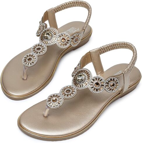 صنادل نسائية من SHIBEVER بوهو للكاحل على شكل حرف T ثونغ مرنة للنساء مسطحة ومريحة للنساء صنادل صيفية مسطحة من حجر الراين ذهبي فاتح 8.5 in Kuwait