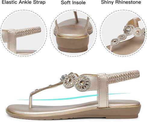 صنادل نسائية من SHIBEVER بوهو للكاحل على شكل حرف T ثونغ مرنة للنساء مسطحة ومريحة للنساء صنادل صيفية مسطحة من حجر الراين ذهبي فاتح 8.5 in Kuwait