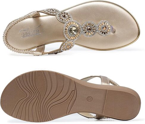 صنادل نسائية من SHIBEVER بوهو للكاحل على شكل حرف T ثونغ مرنة للنساء مسطحة ومريحة للنساء صنادل صيفية مسطحة من حجر الراين ذهبي فاتح 8.5 in Kuwait