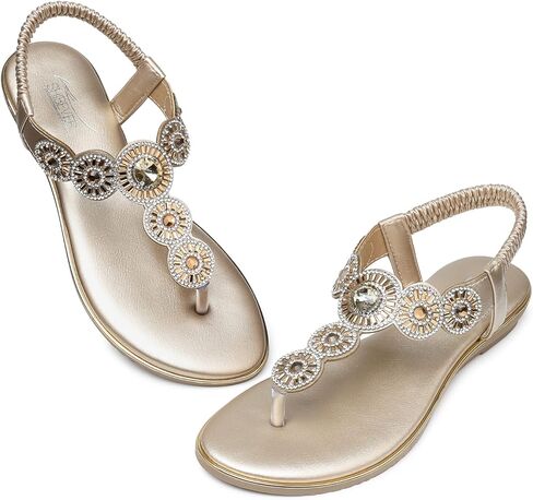 صنادل نسائية من SHIBEVER بوهو للكاحل على شكل حرف T ثونغ مرنة للنساء مسطحة ومريحة للنساء صنادل صيفية مسطحة من حجر الراين ذهبي فاتح 8.5 in Kuwait