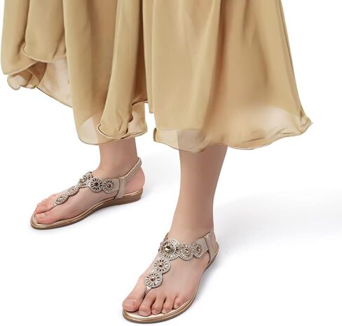 صنادل نسائية من SHIBEVER بوهو للكاحل على شكل حرف T ثونغ مرنة للنساء مسطحة ومريحة للنساء صنادل صيفية مسطحة من حجر الراين ذهبي فاتح 8.5 in Kuwait