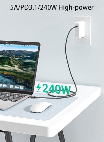 كابل شحن USB C إلى USB C فائق السرعة 20FT 240W، كابل شحن مجدول من النايلون من النوع C إلى النوع C متوافق مع iPhone 15، iPad Air 5/4، iPad Mini 6، MacBook Pro/Air، Samsung Galaxy S24/S23، بكسل (رمادي) ) in Kuwait