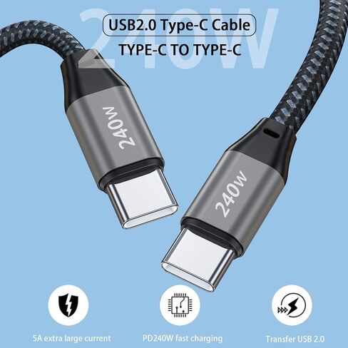 كابل شحن USB C إلى USB C فائق السرعة 20FT 240W، كابل شحن مجدول من النايلون من النوع C إلى النوع C متوافق مع iPhone 15، iPad Air 5/4، iPad Mini 6، MacBook Pro/Air، Samsung Galaxy S24/S23، بكسل (رمادي) ) in Kuwait