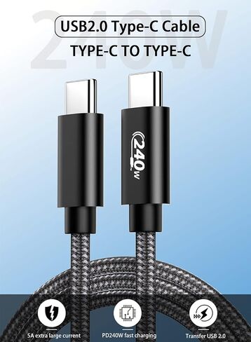 كابل شحن USB C إلى USB C فائق السرعة 20FT 240W، كابل شحن مجدول من النايلون من النوع C إلى النوع C متوافق مع iPhone 15، iPad Air 5/4، iPad Mini 6، MacBook Pro/Air، Samsung Galaxy S24/S23، بكسل (رمادي) ) in Kuwait