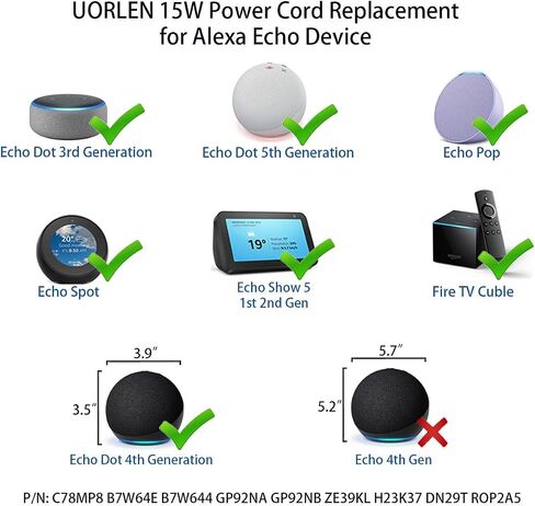 استبدال سلك الطاقة بقدرة 15 وات لشاحن محول الطاقة Echo Pop وAlexa Echo Show 5 (الجيل الثاني الأول) in Kuwait