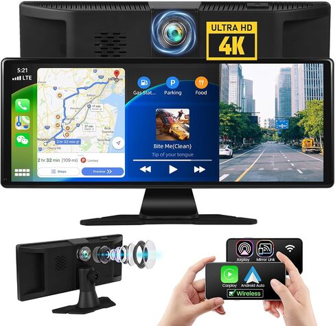 كاميرا أمامية 4K لاسلكية Carplay/Android Auto Touch Screen راديو سيارة محمول، 11.3 بوصة ستيريو سيارة مع DVR Apple Airplay Mirror Link Loop Recording Bluetooth FM Transmitter Screen Split in Saudi Arabia