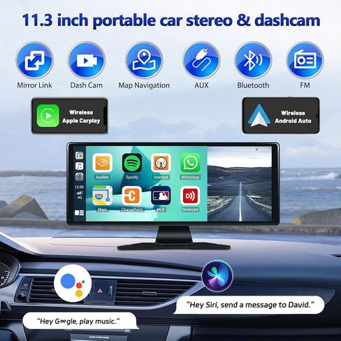 كاميرا أمامية 4K لاسلكية Carplay/Android Auto Touch Screen راديو سيارة محمول، 11.3 بوصة ستيريو سيارة مع DVR Apple Airplay Mirror Link Loop Recording Bluetooth FM Transmitter Screen Split in Saudi Arabia