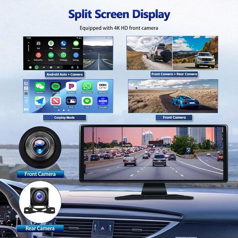 كاميرا أمامية 4K لاسلكية Carplay/Android Auto Touch Screen راديو سيارة محمول، 11.3 بوصة ستيريو سيارة مع DVR Apple Airplay Mirror Link Loop Recording Bluetooth FM Transmitter Screen Split in Saudi Arabia
