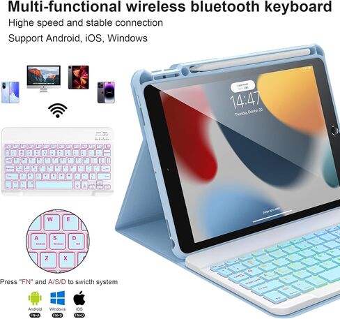 Keyboard Case for iPad 10.2 9th/8th/7th Gen,7 Color Backlit Removable Bluetooth Wireless iPad Case Keyboard with Pencil Holder - iPad 9th/8th/7th Generation Case with Keyboard, in Saudi Arabia