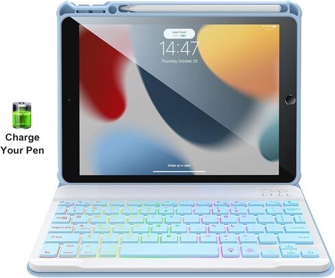 Keyboard Case for iPad 10.2 9th/8th/7th Gen,7 Color Backlit Removable Bluetooth Wireless iPad Case Keyboard with Pencil Holder - iPad 9th/8th/7th Generation Case with Keyboard, in Saudi Arabia