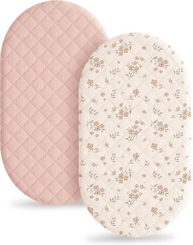Konssy Quilted Muslin Bassinet Sheets 2 Pack, Waterproof Bassinet Mattress Protector & Sheets for Girls Boys Fit for Baby Bassinets, Cradle, Moses Basket Oval Rectangle Pad/Mattress (Blossom,Pink) in Saudi Arabia