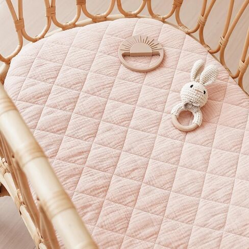 Konssy Quilted Muslin Bassinet Sheets 2 Pack, Waterproof Bassinet Mattress Protector & Sheets for Girls Boys Fit for Baby Bassinets, Cradle, Moses Basket Oval Rectangle Pad/Mattress (Blossom,Pink) in Saudi Arabia