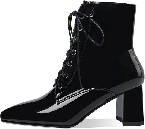 Women's Chunky Ankle Boots with Low Block Heel Fashion Leather Lace Up Pointed Toe Heeled Booties in Saudi Arabia