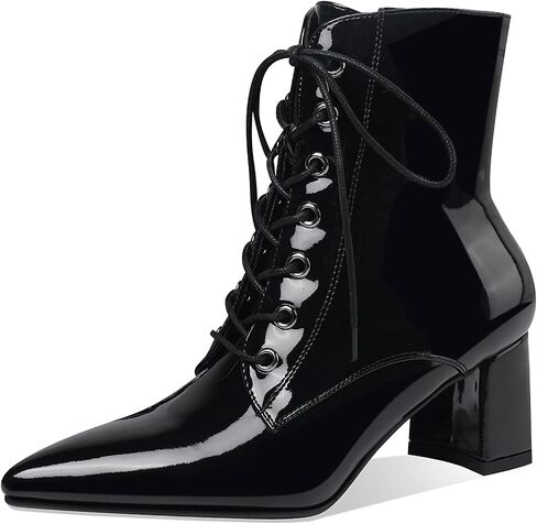 Women's Chunky Ankle Boots with Low Block Heel Fashion Leather Lace Up Pointed Toe Heeled Booties in Saudi Arabia